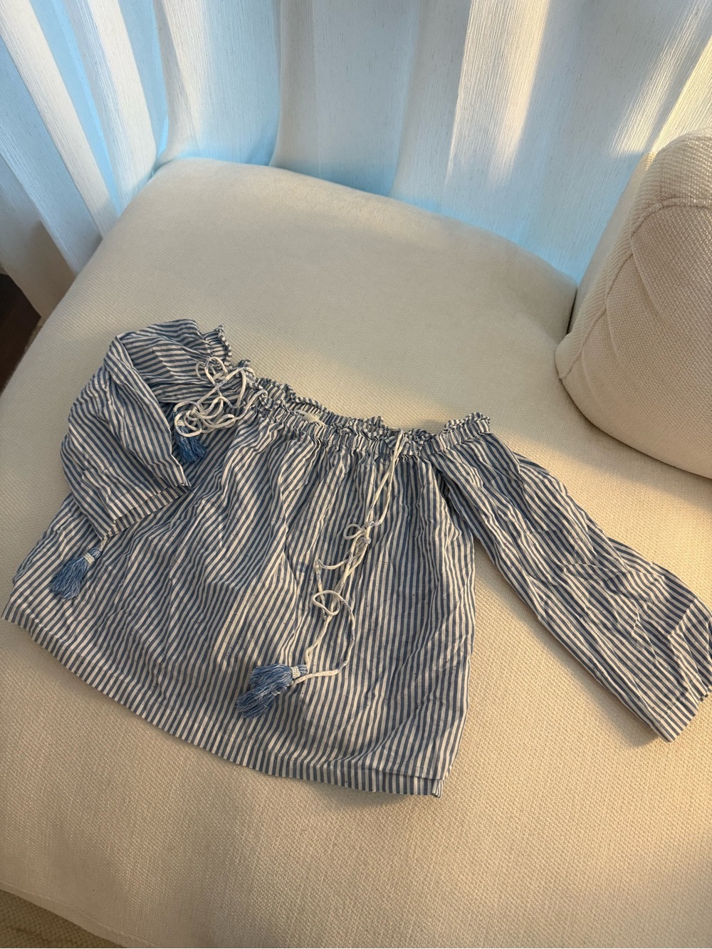 Club Monaco Blue and White Striped Off-Shoulder Top